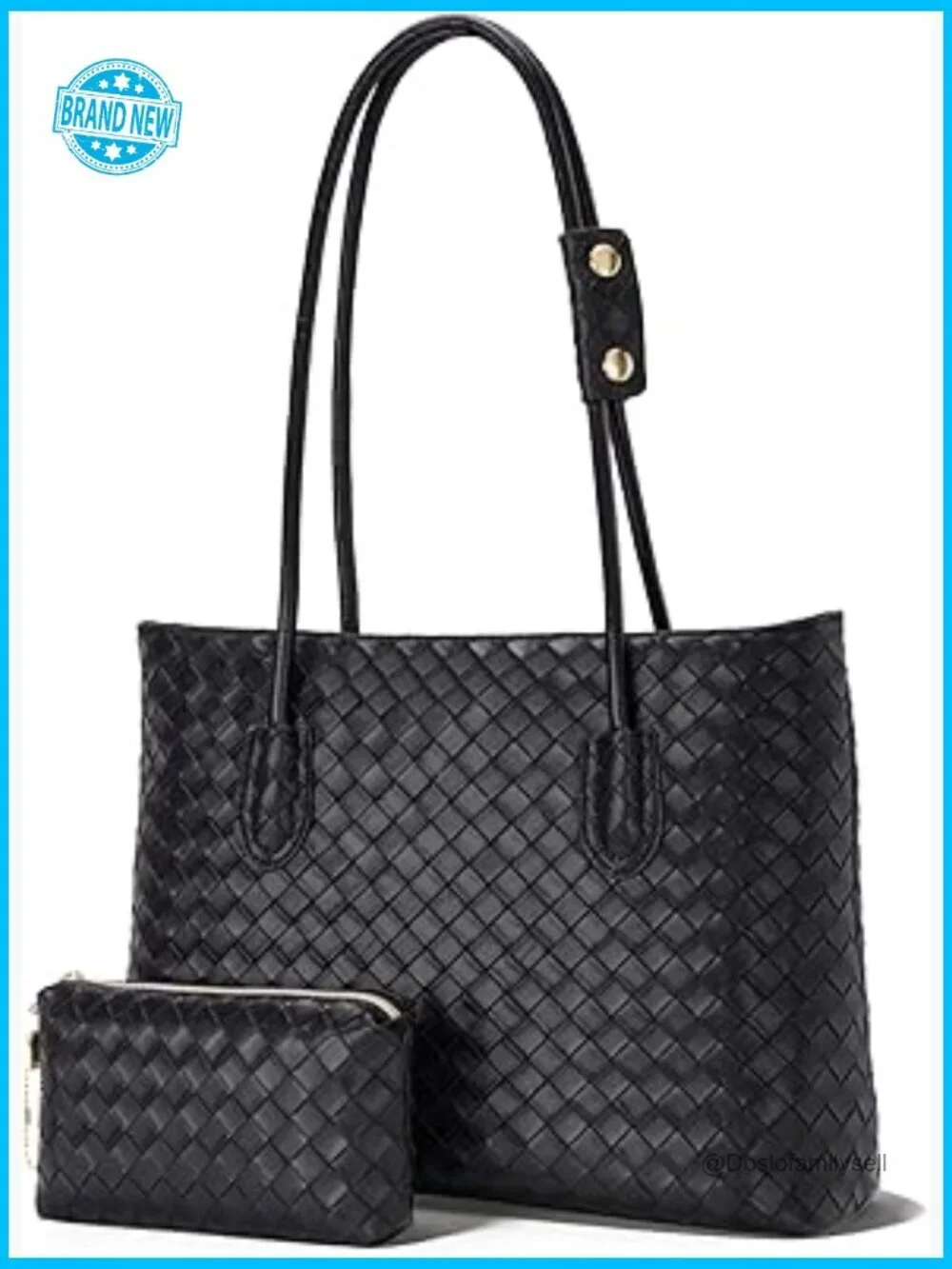 Woven Tote Bag with Zipper & Matching Pouch, Vegan Leather Weekender, Large